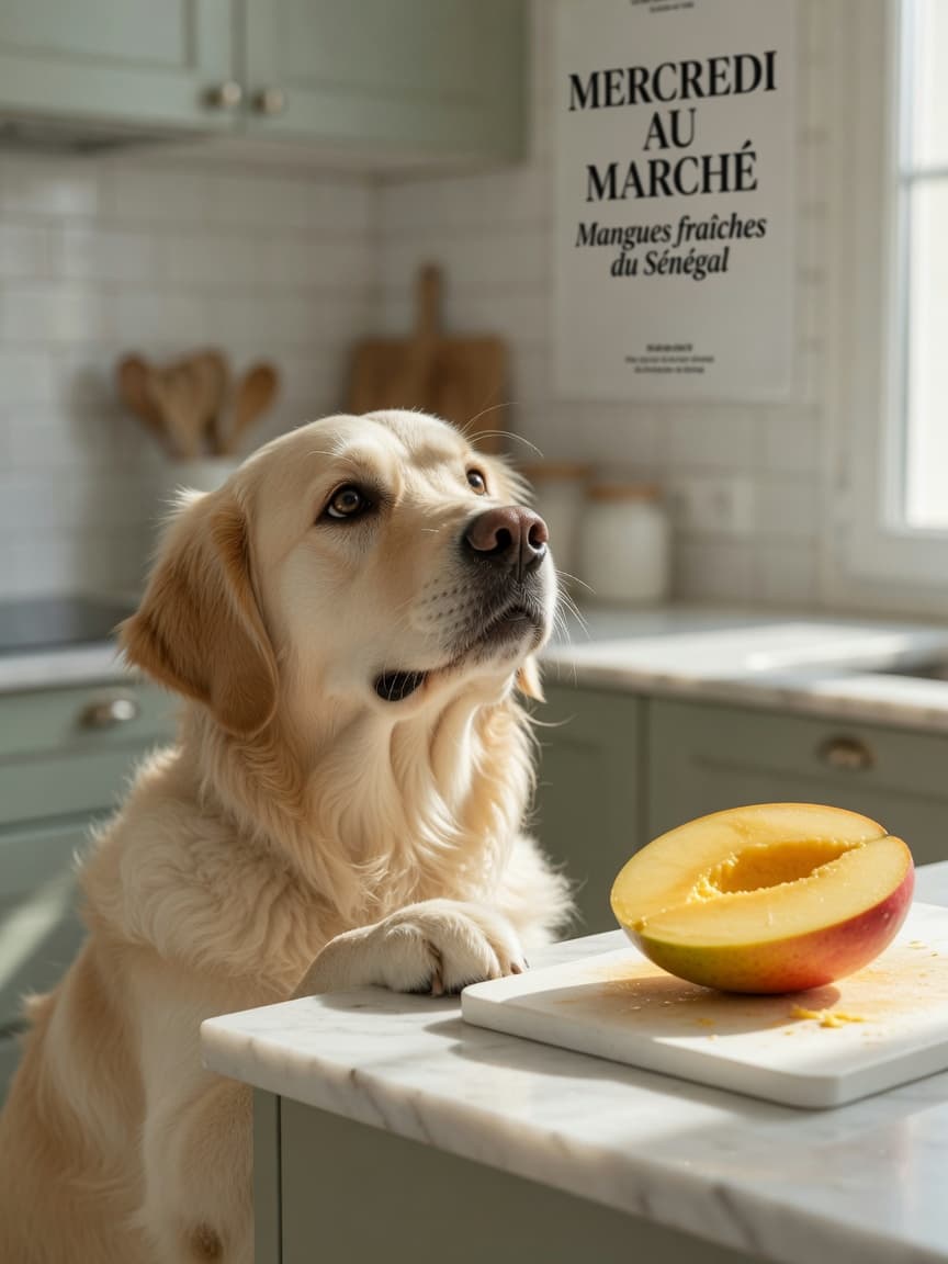 Golden retriever looking at a halved fresh mango on a kitchen counter in natural daylight
