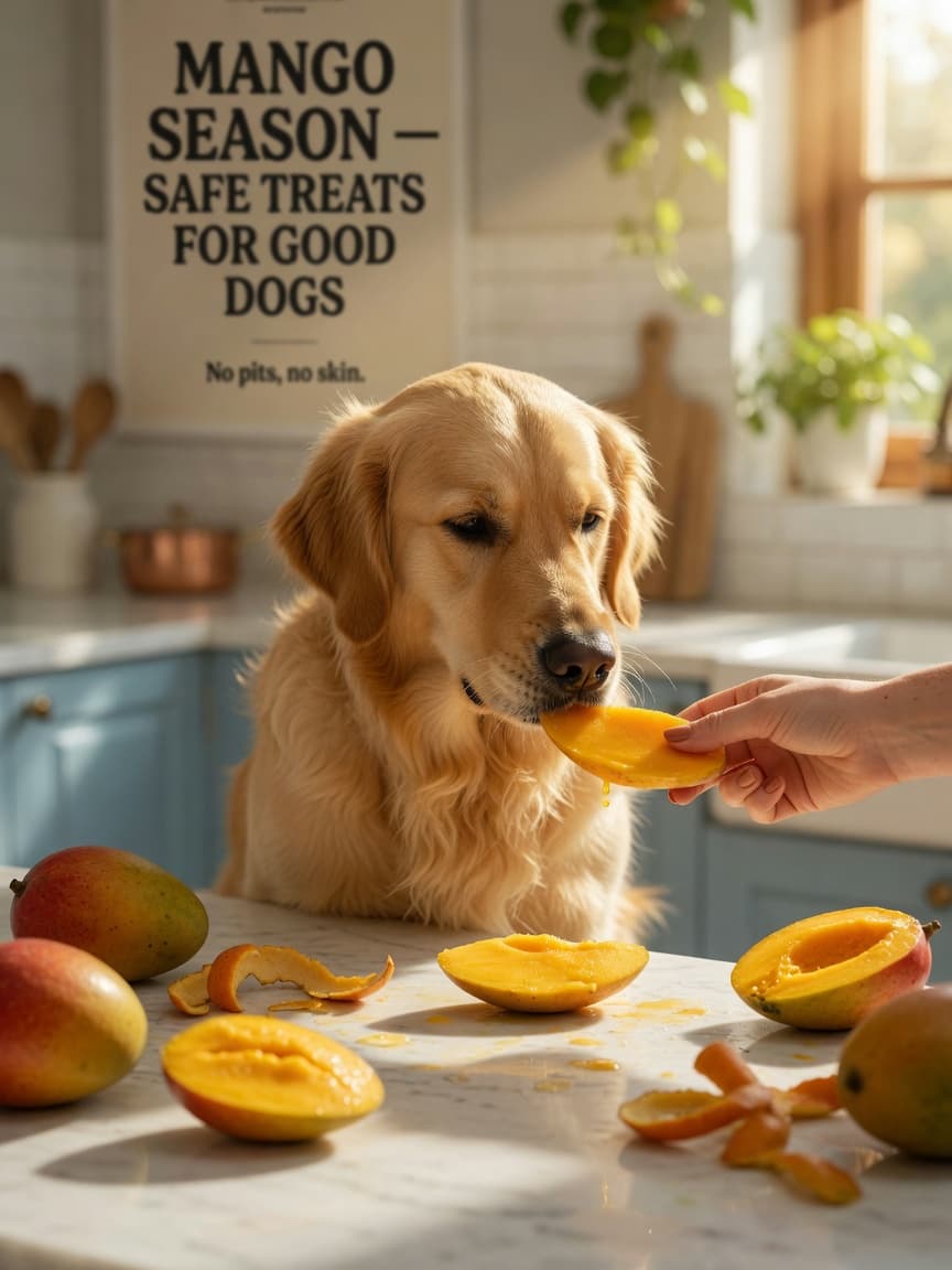 Golden retriever sniffing a peeled mango slice on a kitchen counter with fresh mangoes and mango peels nearby in natural sunlight