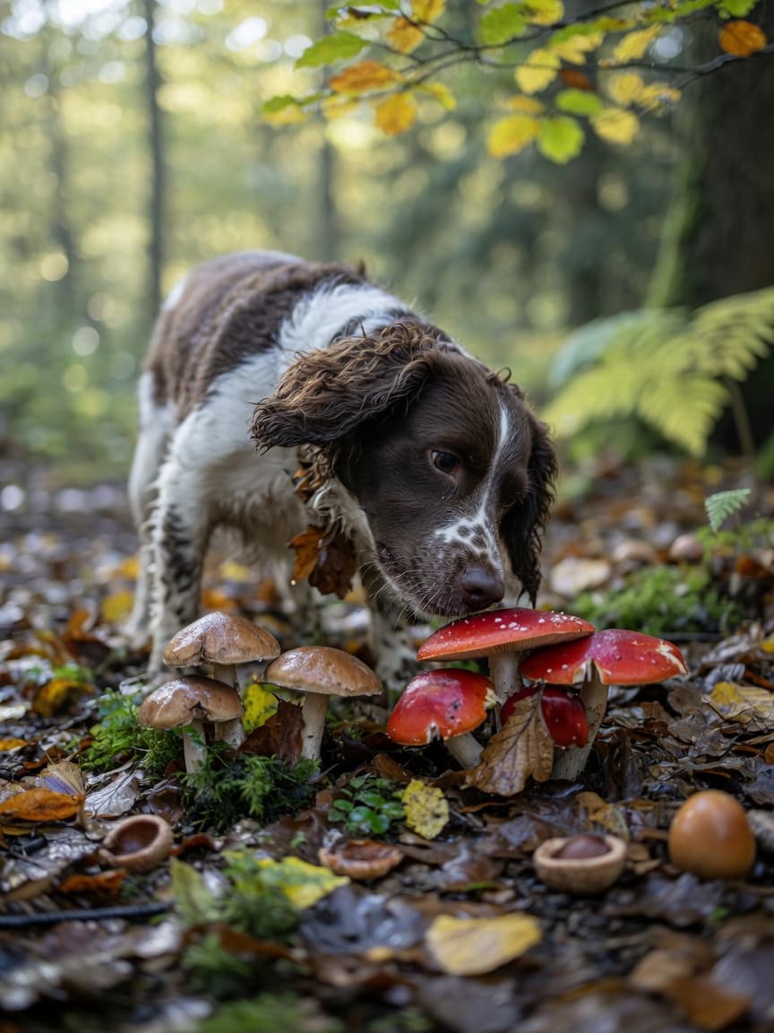 Dog sniffing wild mushrooms in autumn woodland leaf litter during a walk