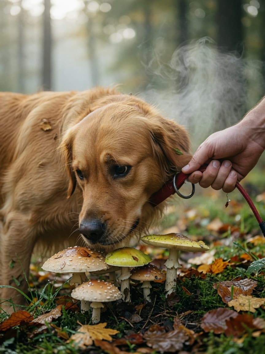 A Golden Retriever being gently pulled away from wild toadstools in a misty forest by its owner's protective hand