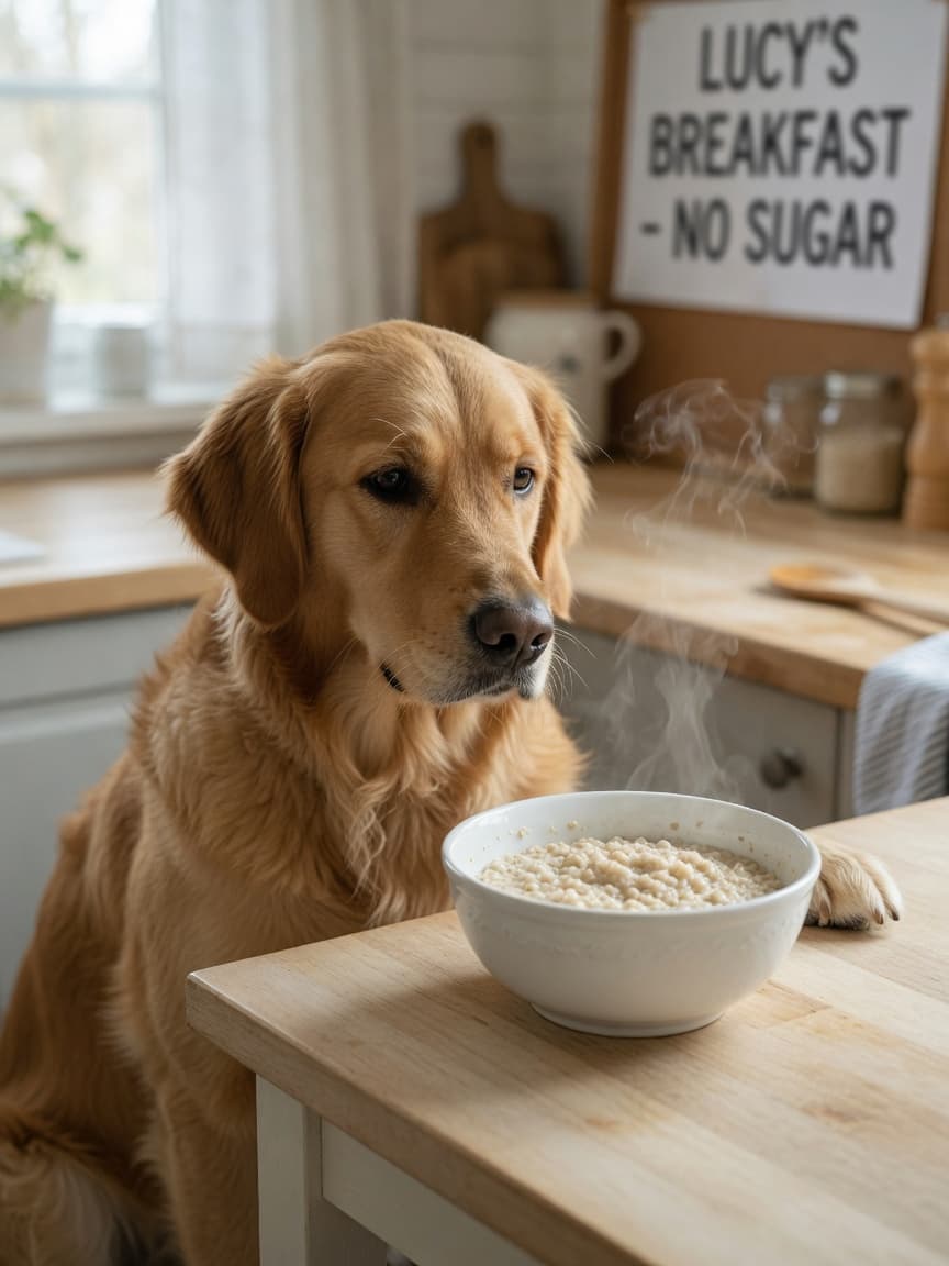 Golden retriever looking at a bowl of plain cooked oatmeal on a kitchen table with natural morning light
