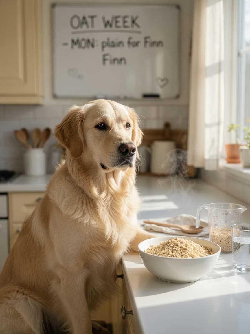 Golden retriever sitting beside a bowl of plain cooked oats in a bright kitchen with morning sunlight