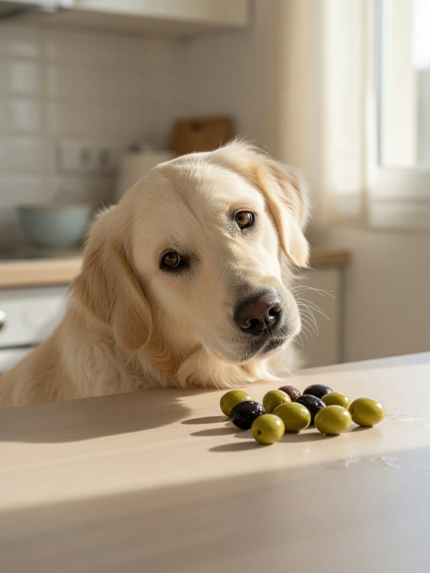 A golden retriever examining plain black and green olives on a kitchen counter