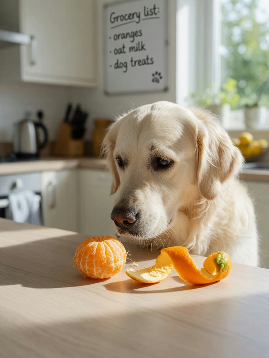 A golden retriever sniffing a peeled orange segment on a kitchen counter with orange peel beside it