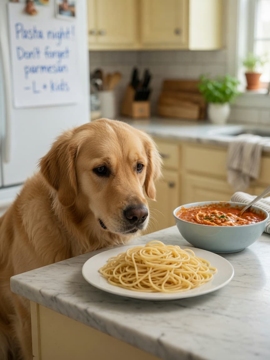 Golden Retriever sniffing plain cooked pasta on a kitchen counter with a bowl of red pasta sauce nearby