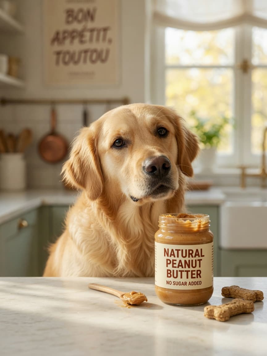 Golden Retriever with curious expression at kitchen counter near jar of peanut butter