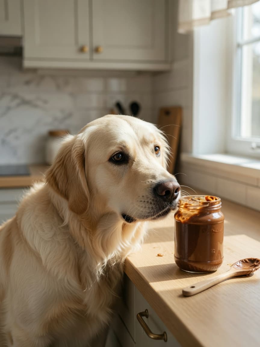 Golden retriever sniffing at an open jar of peanut butter on a kitchen counter in natural light