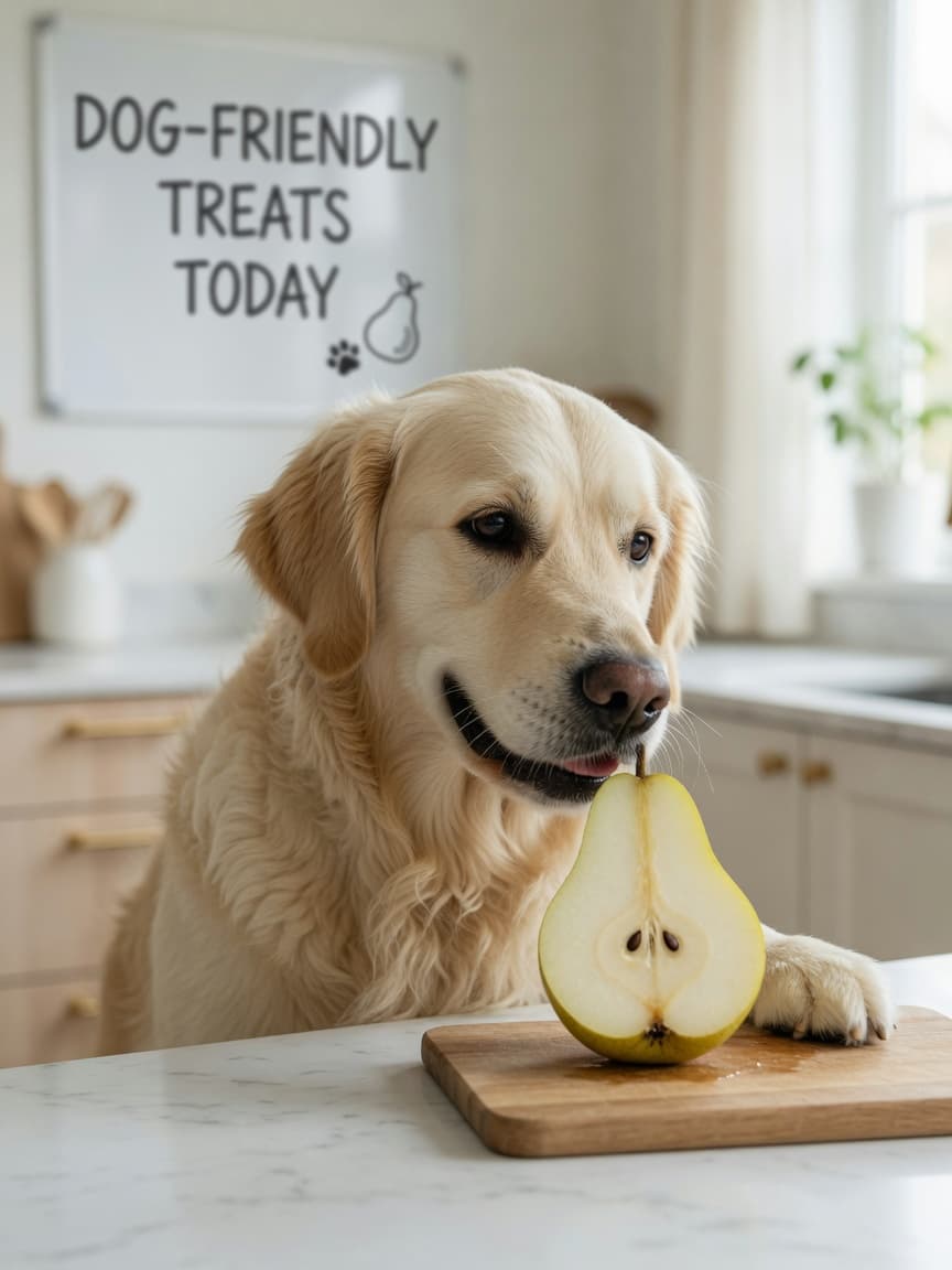 Golden retriever investigating a halved pear with seeds removed on a bright kitchen countertop with natural window light