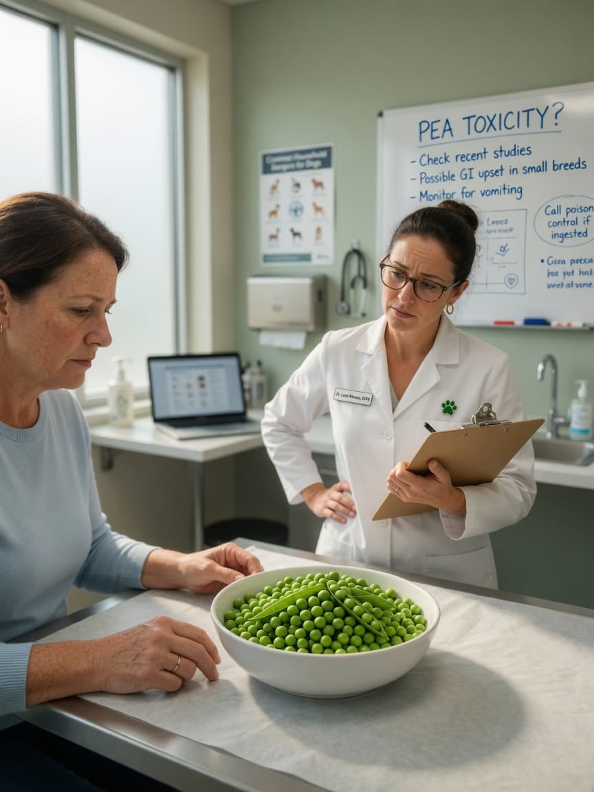 A concerned dog owner and veterinarian discussing a bowl of fresh peas in a veterinary clinic during a consultation about canine diet safety.
