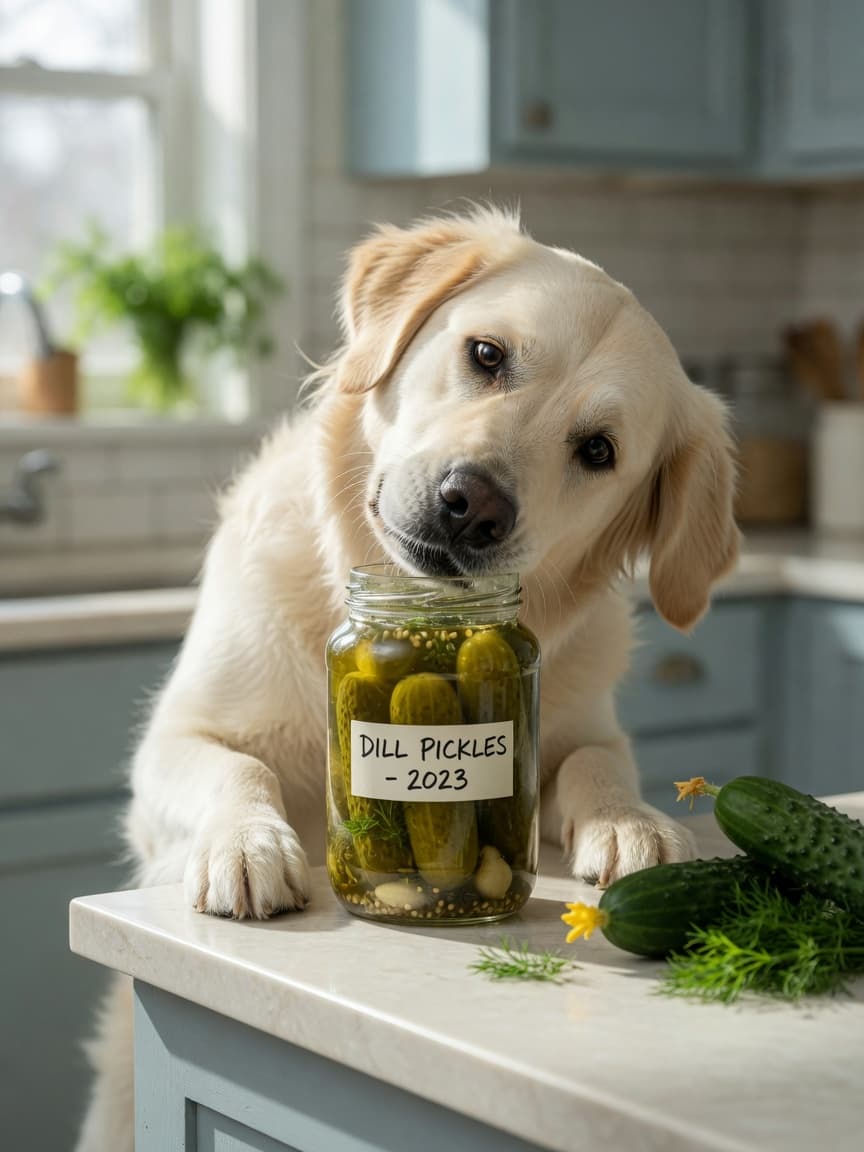 Golden retriever sniffing at a jar of dill pickles on a kitchen counter beside fresh cucumbers