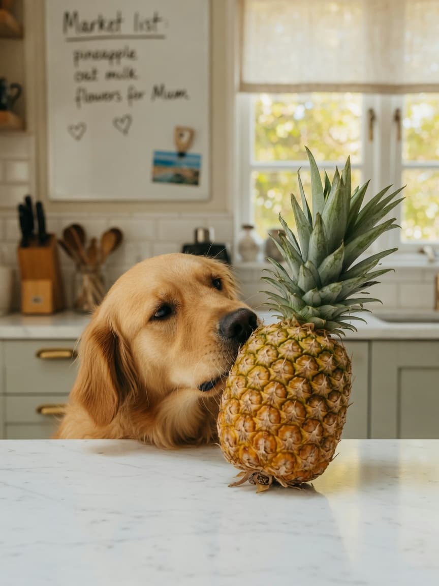 Golden retriever sniffing a whole fresh pineapple on a kitchen counter in natural daylight