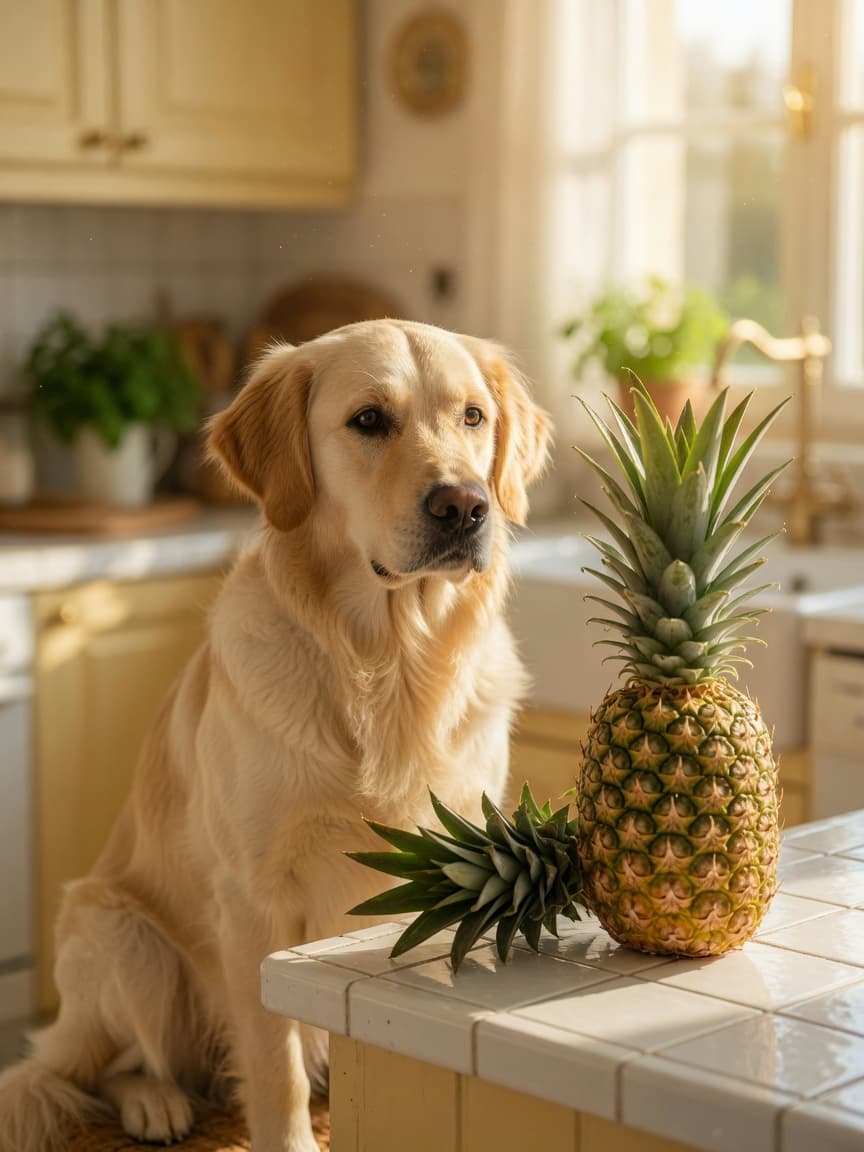 A golden retriever sitting on a kitchen counter next to a whole pineapple in natural sunlight