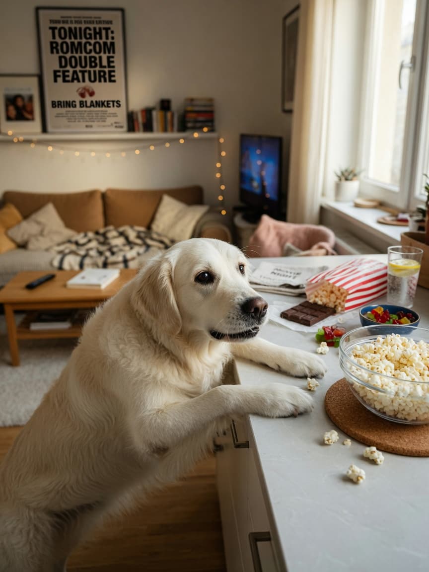 Golden retriever leaning toward a bowl of plain popcorn on a kitchen counter during movie night