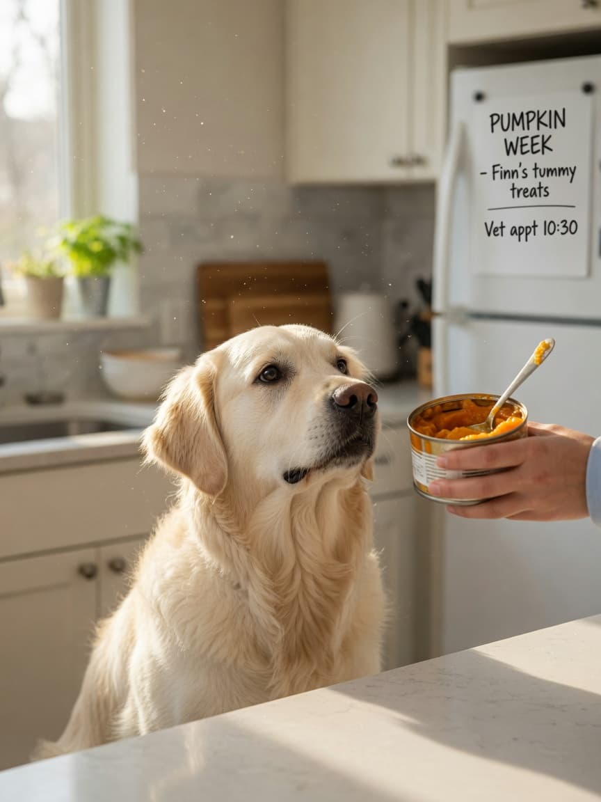 Golden retriever eagerly looking at a bowl of plain pumpkin being offered by a human hand in a bright kitchen