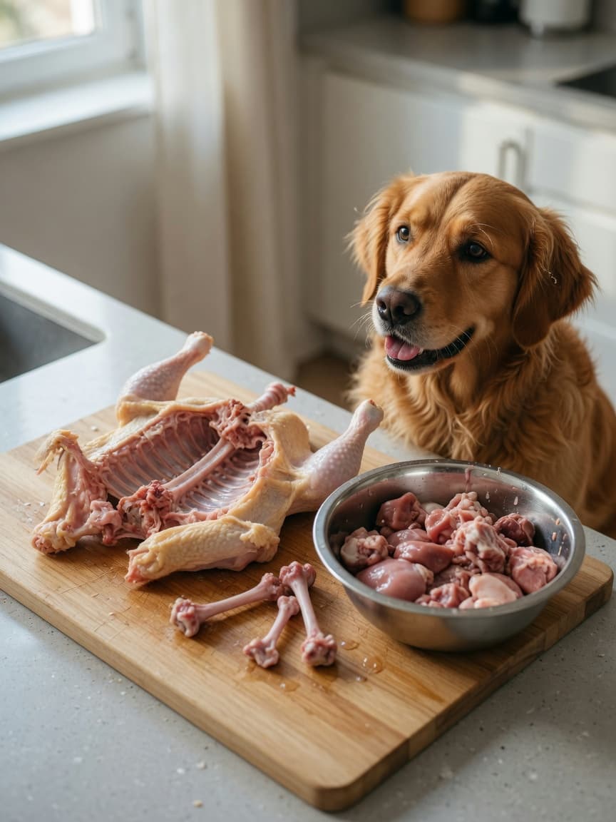 Raw chicken carcass and pieces on a cutting board with a golden retriever watching intently in a kitchen