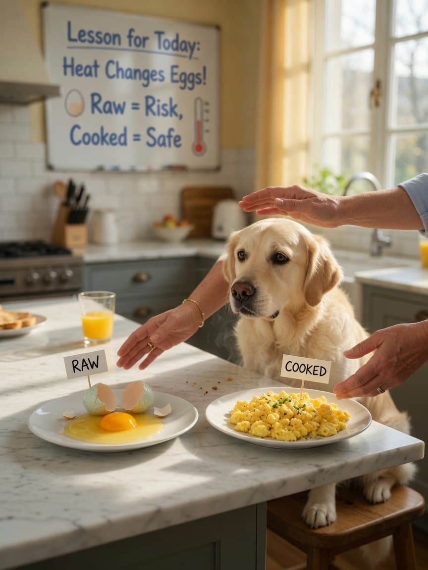 Golden retriever watching raw and cooked eggs on kitchen counter with owner's hands nearby
