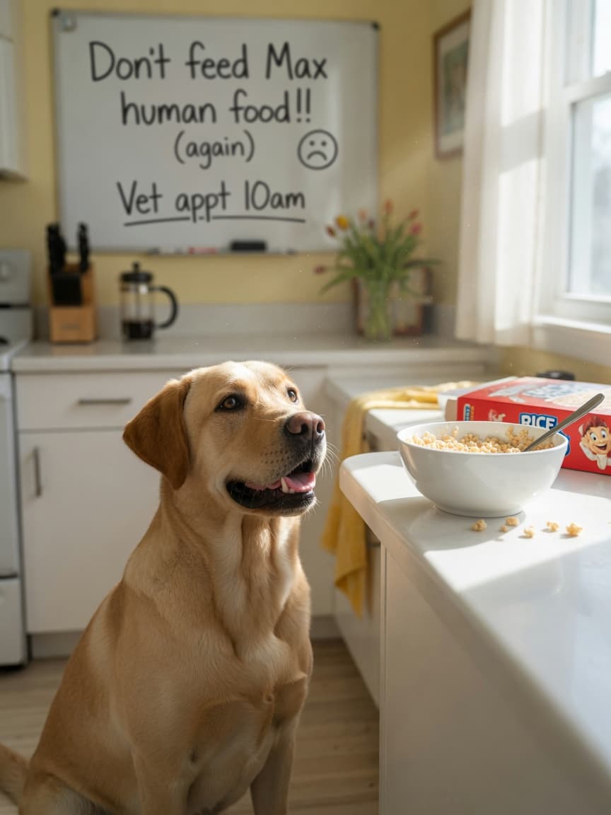 Golden Labrador with hopeful expression sitting beside a bowl of Rice Krispies cereal on a kitchen table in natural morning light