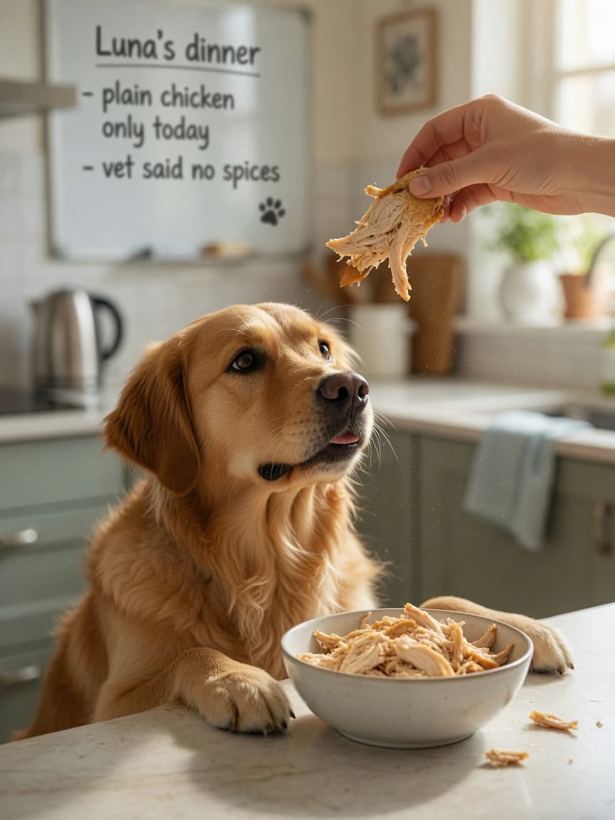 Golden retriever looking up eagerly at a piece of plain rotisserie chicken being offered by a human hand over a white bowl in a bright kitchen