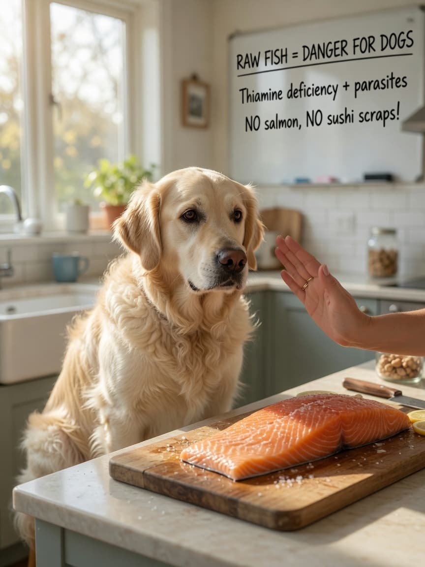 A golden retriever sitting near raw salmon on a kitchen counter with an owner's hand raised in warning