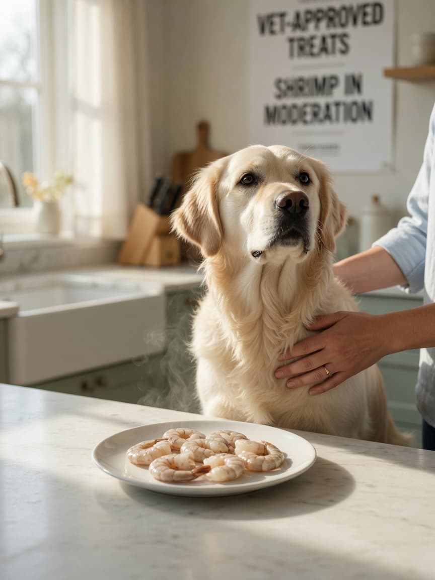 Golden retriever at kitchen counter with plain cooked shrimp on a plate, owner's hand gently on dog's shoulder, observing for allergic reaction