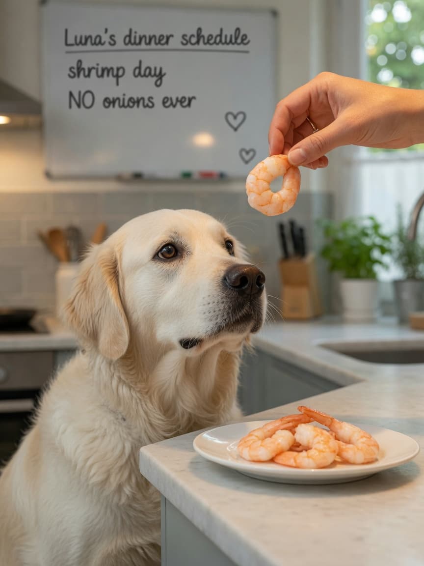 Golden retriever eagerly watching cooked shrimp being offered on a kitchen counter