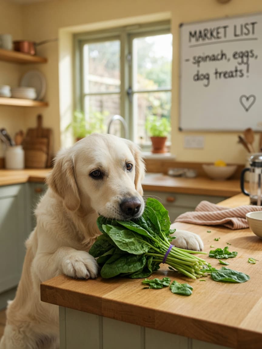 Golden retriever sniffing at fresh spinach leaves on a kitchen counter with natural window light