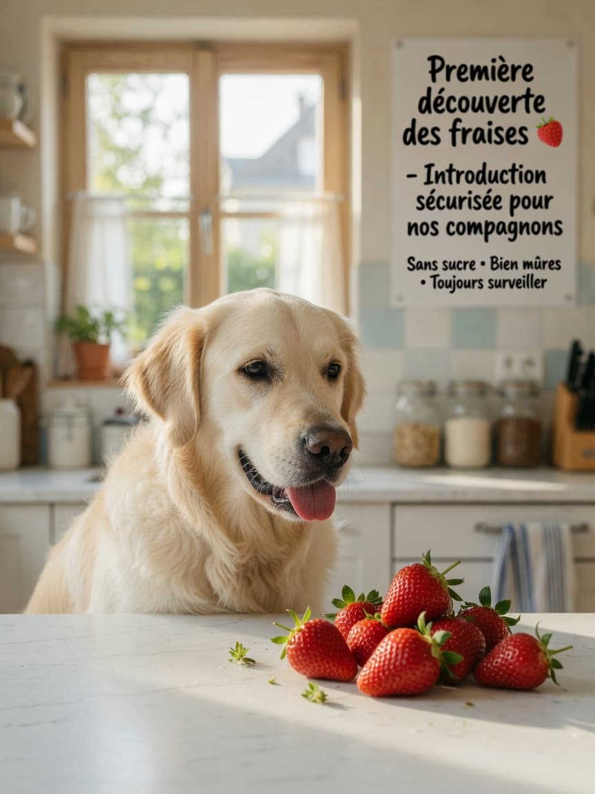 Golden retriever looking at fresh strawberries on a kitchen counter in natural morning light