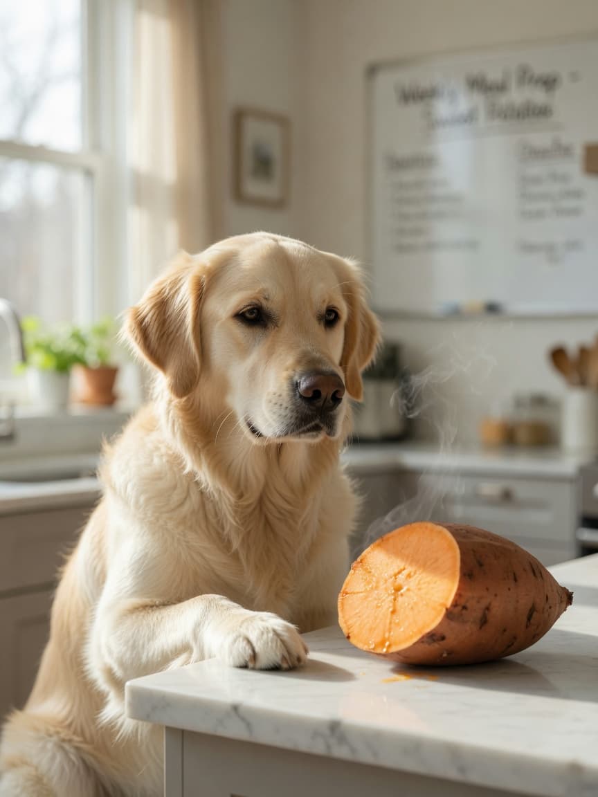 A golden retriever sits beside a freshly cooked sweet potato with steam rising from it on a kitchen counter in natural window light