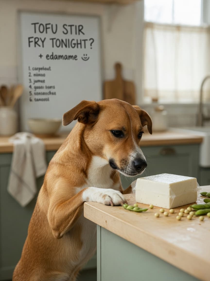 Dog sniffing tofu on a kitchen counter with soybeans nearby