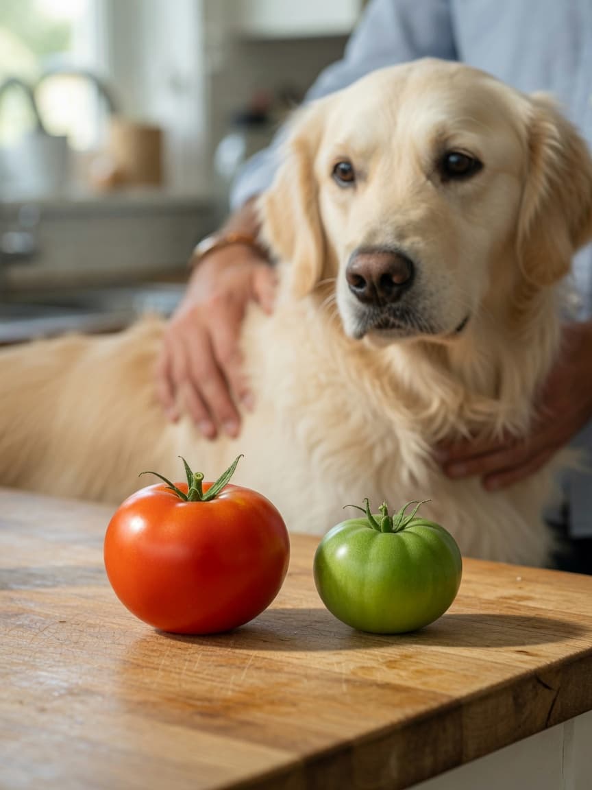 Ripe red tomato and green unripe tomato on kitchen counter with golden retriever in background