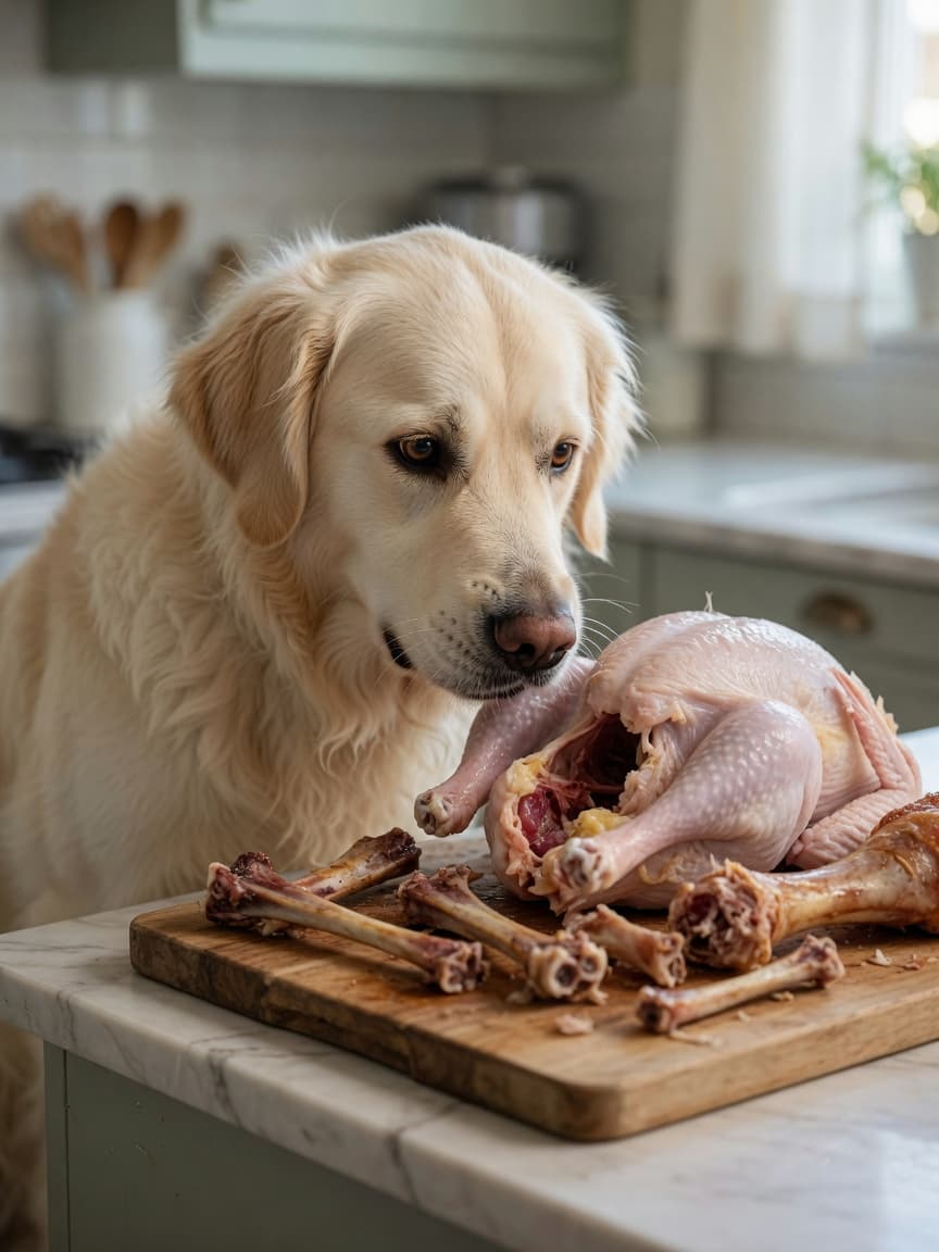 Golden retriever sniffing raw turkey on kitchen counter with cooked turkey bones on cutting board nearby