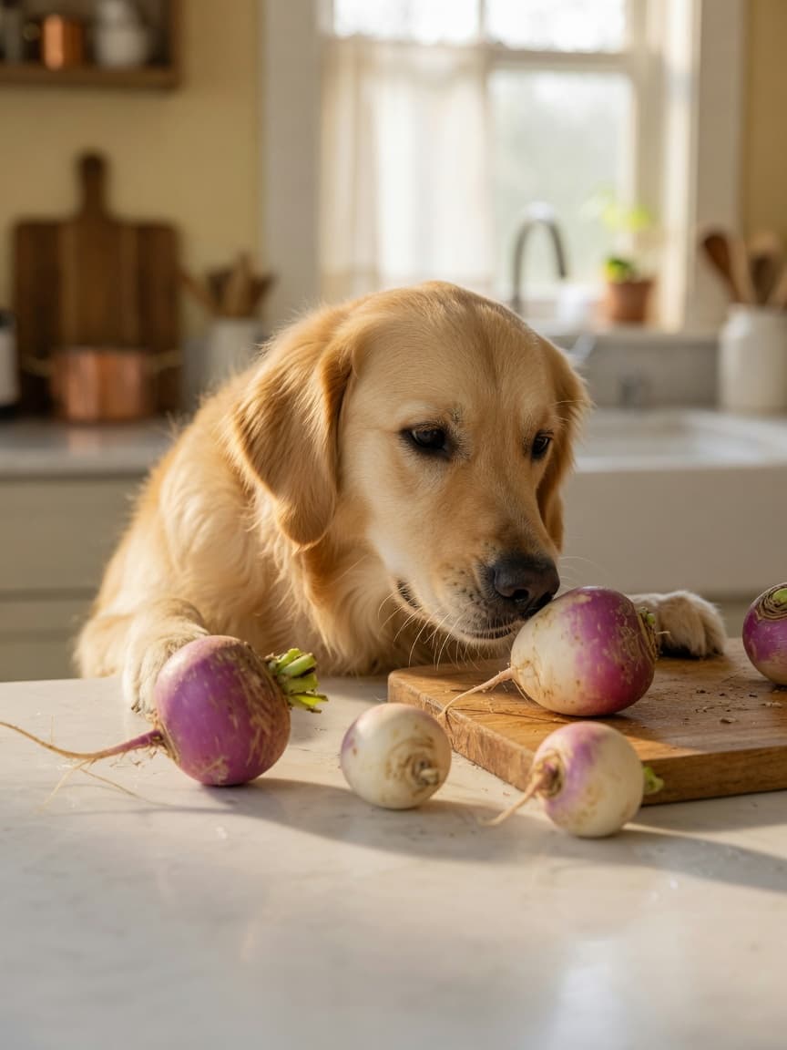 Golden retriever sniffing fresh turnips on a kitchen counter