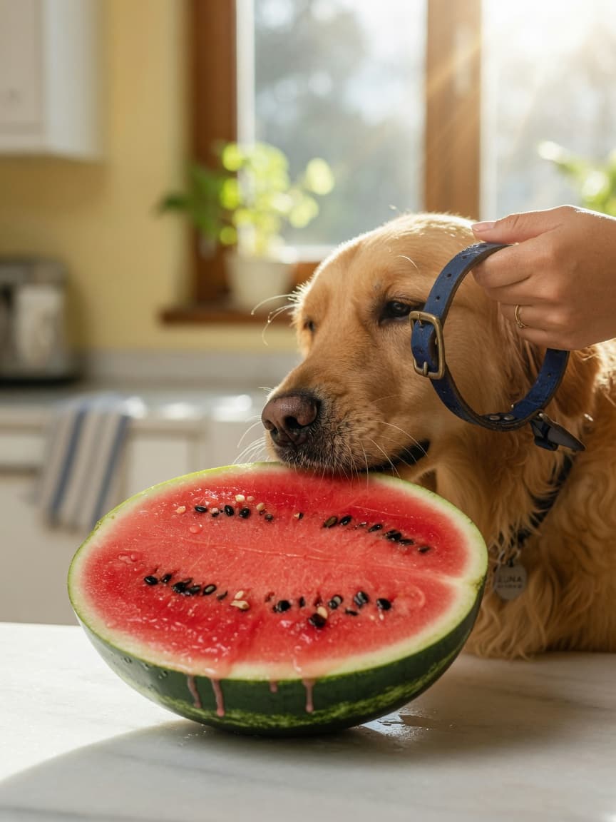 Golden retriever sniffing a halved watermelon on a sunny kitchen counter while owner's hand gently restrains it