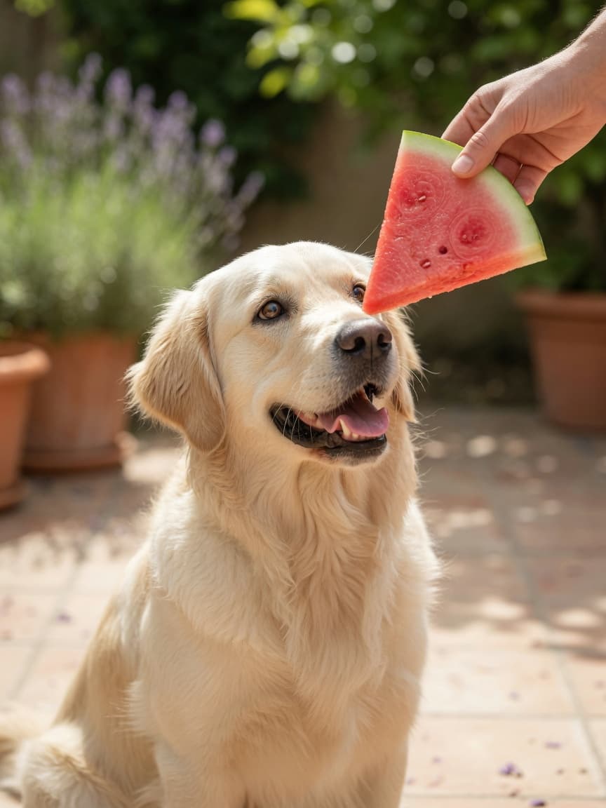 Golden retriever eagerly looking at a prepared watermelon slice on a sunny patio