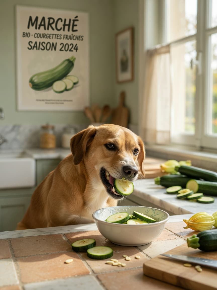 Dog eating fresh zucchini slices from a bowl in a bright kitchen
