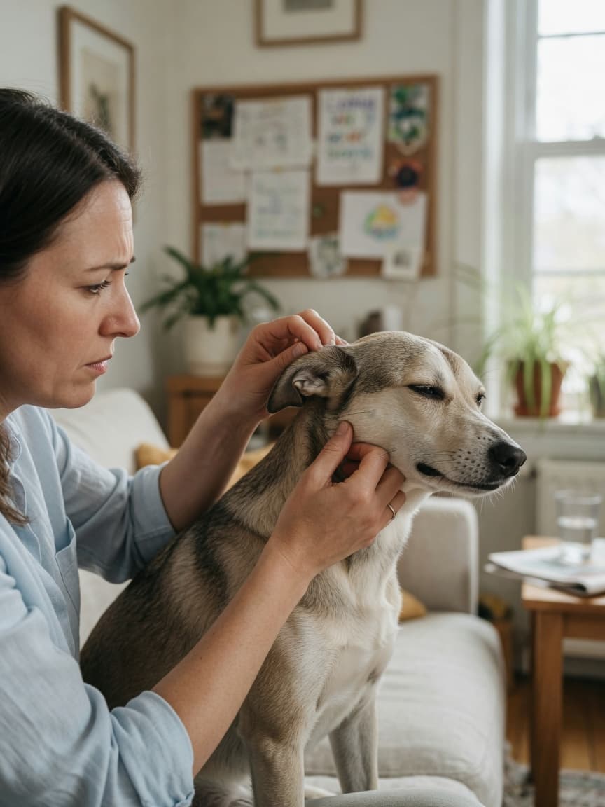 Dog owner gently examining their dog's head with concern as the dog winces and pulls away