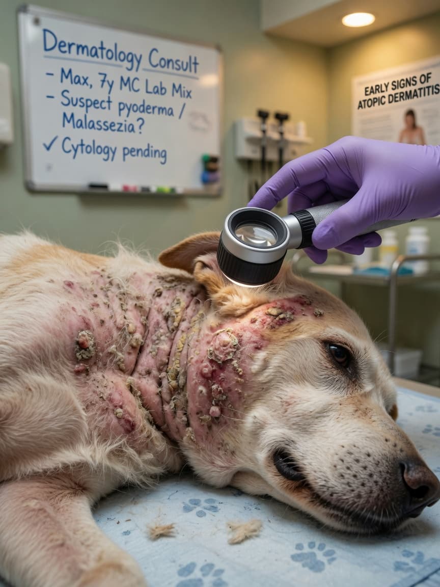 Veterinarian examining a dog's inflamed, scaly skin patch during a dermatological examination