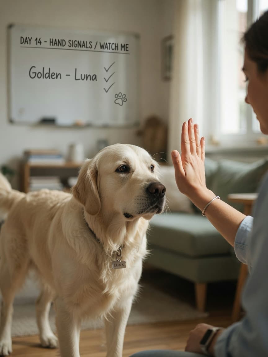 Owner demonstrating a hand signal to attentive deaf Golden Retriever during sign language training indoors
