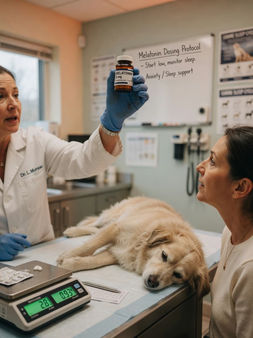 Veterinarian discussing melatonin supplement dosage with a dog owner during a consultation