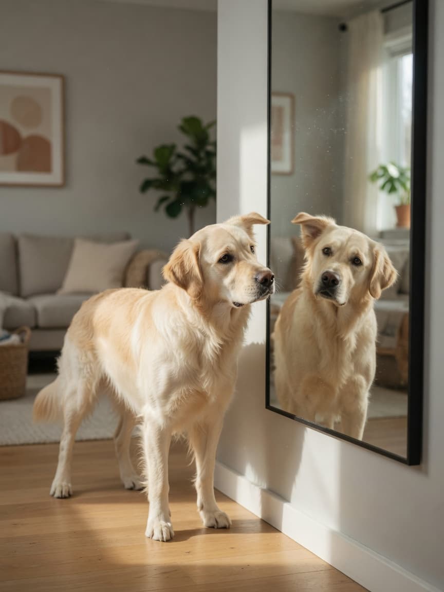 Golden retriever staring at their reflection in a mirror with a puzzled expression