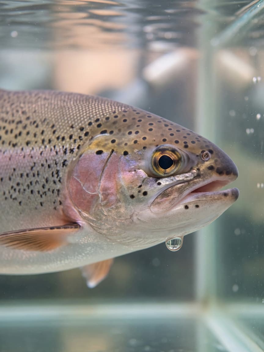 Close-up of a rainbow trout's head in aquarium water during a scientific pain response study