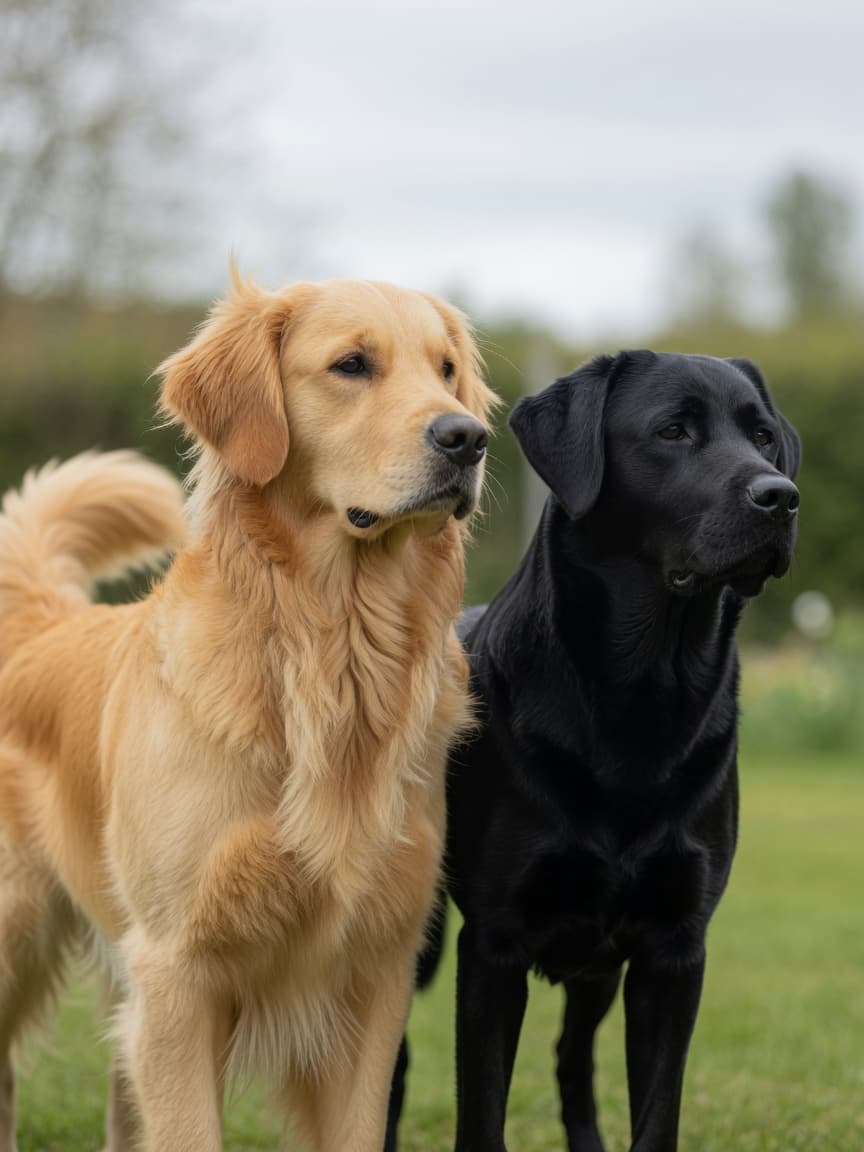 Golden Retriever with golden coat standing beside black Labrador Retriever, showing breed differences in coat color and structure