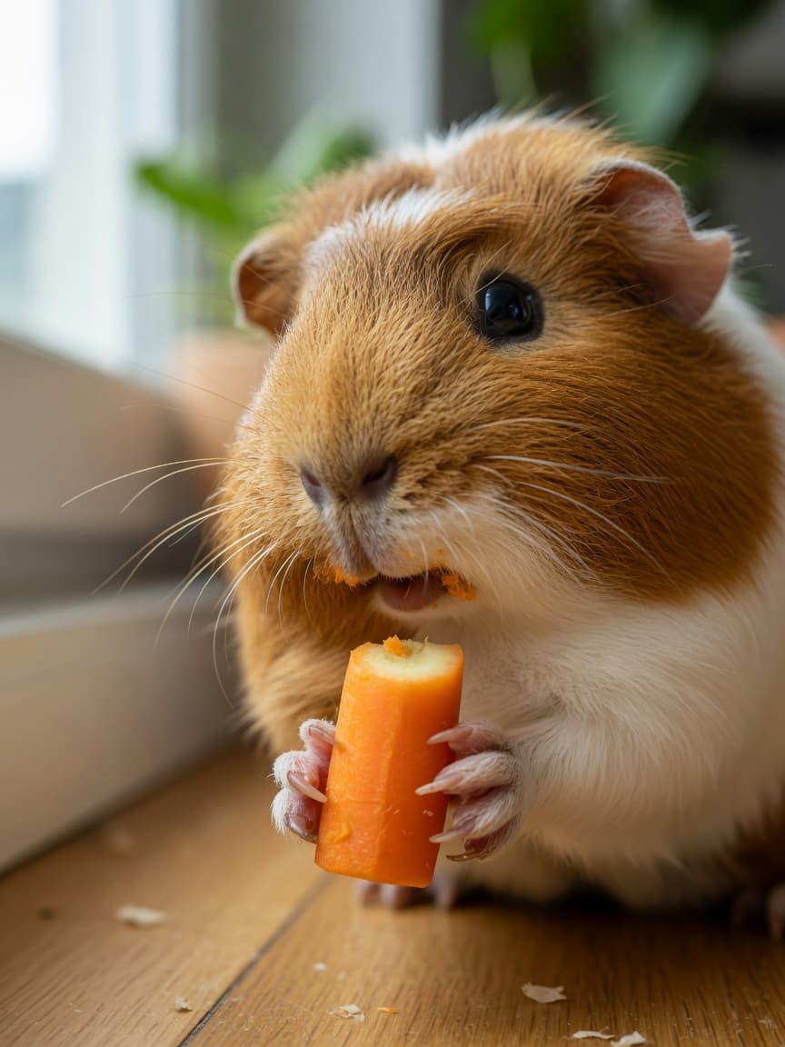 Guinea pig with tan and white coloring eating a small piece of orange carrot