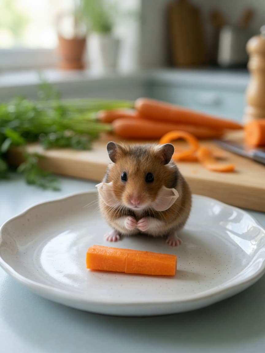 A golden Syrian hamster sitting upright on a white dish with a small thumbnail-sized piece of carrot positioned in front, demonstrating proper portion size for hamster feeding.