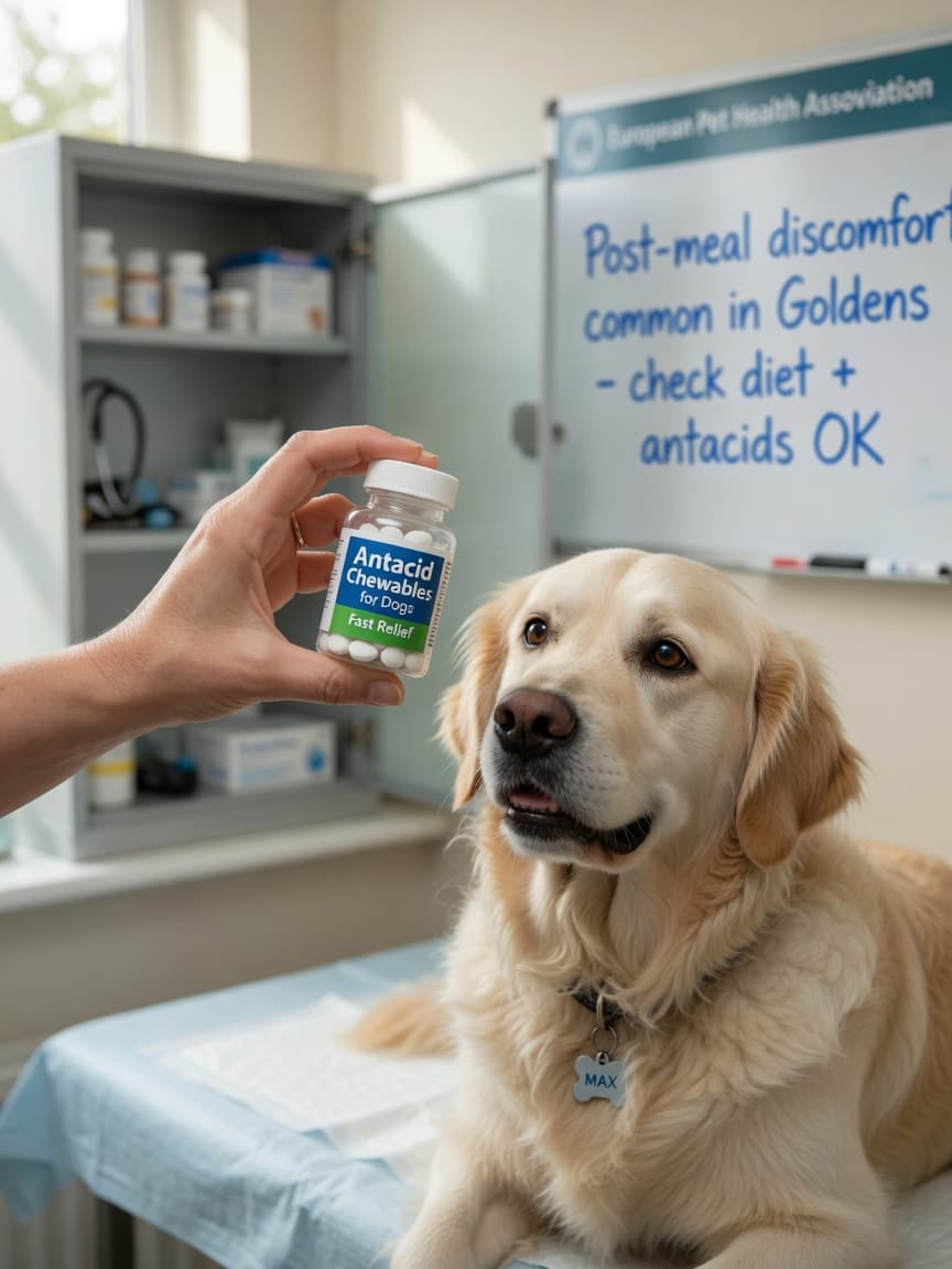 Dog owner holding an antacid bottle with a golden retriever on a vet exam table