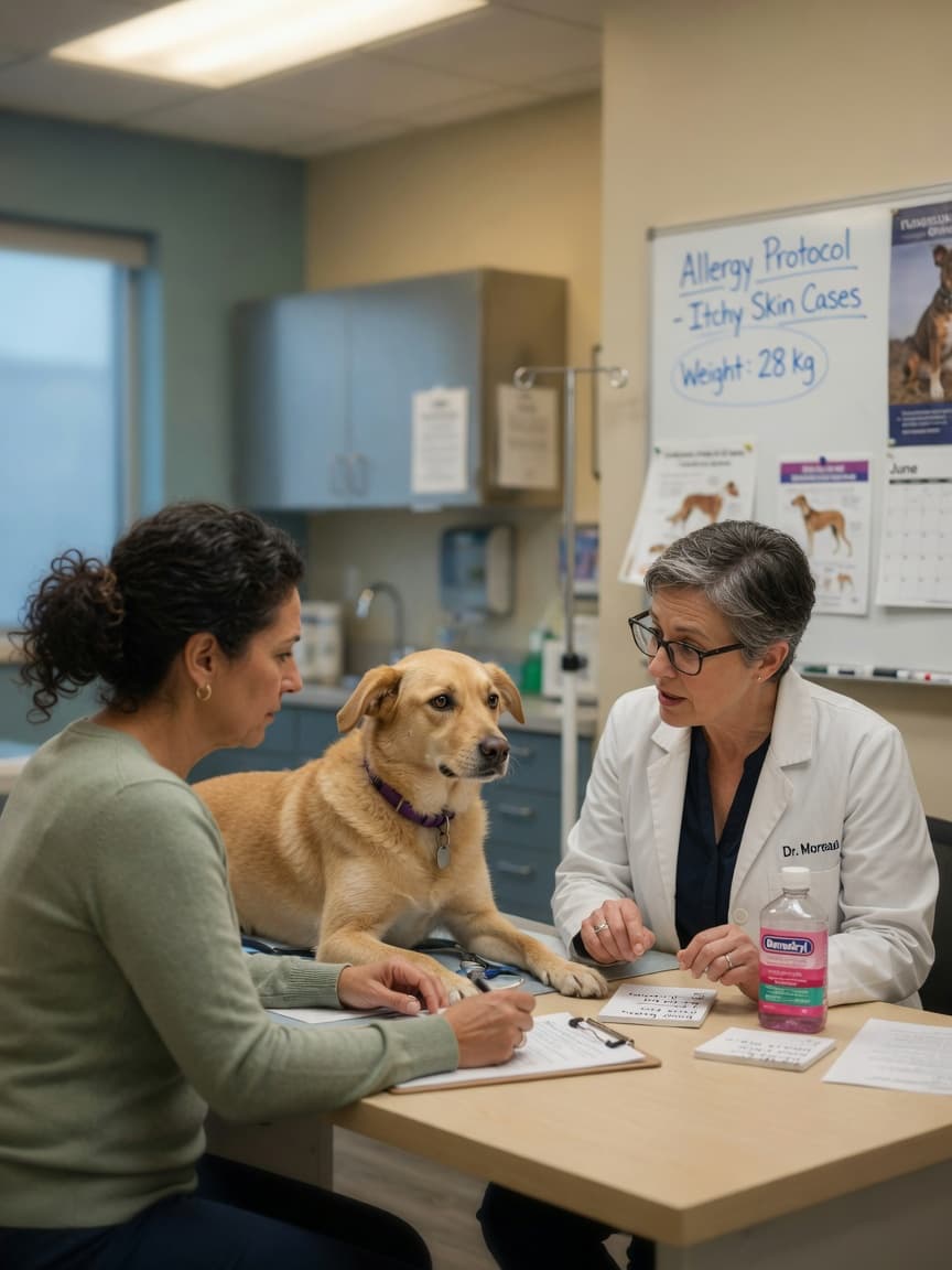 Dog owner consulting with veterinarian about Benadryl dosage for their dog at a clinic