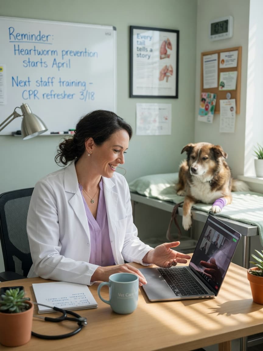 Female veterinarian in clinic smiling during online video consultation with laptop, dog resting in background