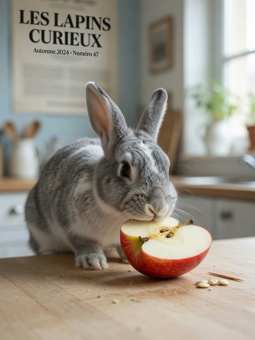 Grey and white rabbit sniffing a thin slice of apple on a wooden surface with seeds and core safely removed