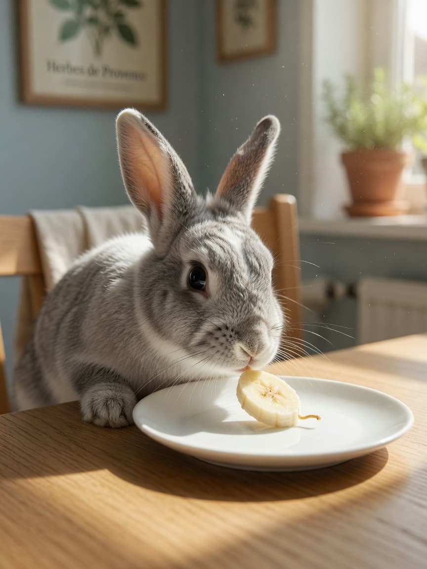 Curious rabbit with gray and white fur sniffing a tiny slice of banana on a plate, showing the small safe portion size