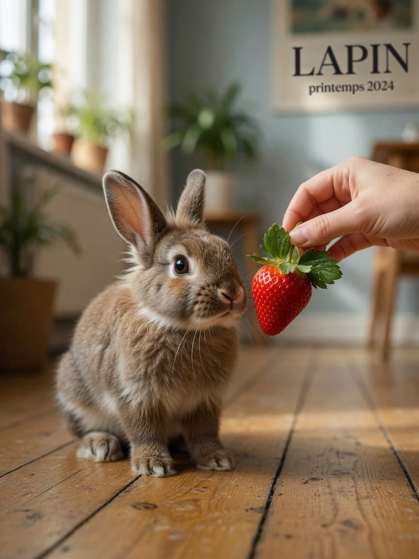 A curious rabbit investigating a fresh strawberry held by a person's hand in warm natural light